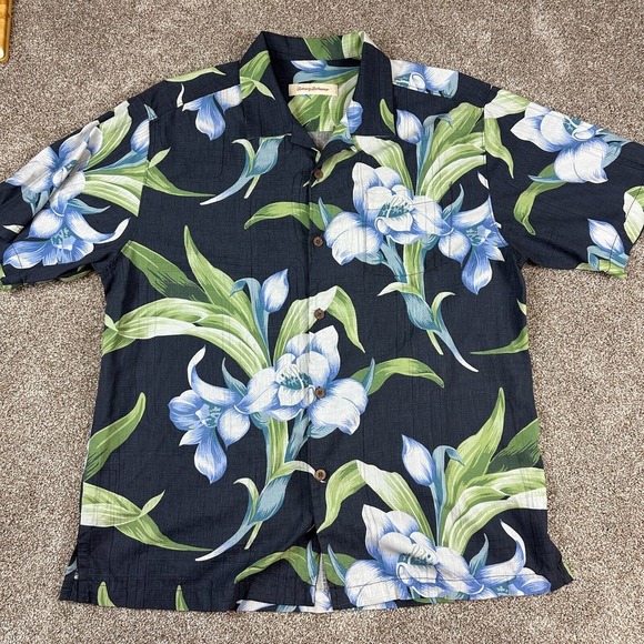 Tommy Bahama Men's Large Silk Gray Green Floral Short Sleeve‎ Button Front Shirt - Picture 1 of 6